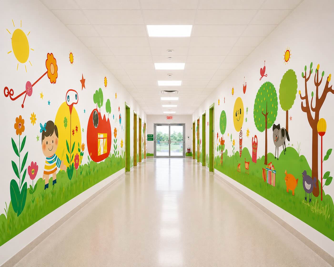 Exemple de décor mural illustré pour un établissement éducatif