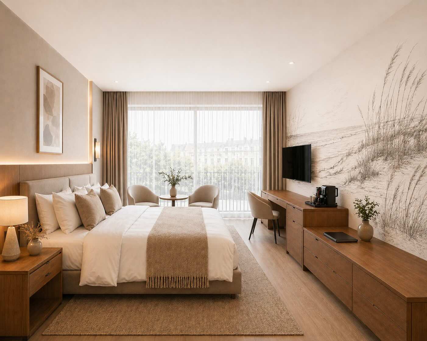 Exemple d'impression murale paysagère dans une chambre d'hôtel
