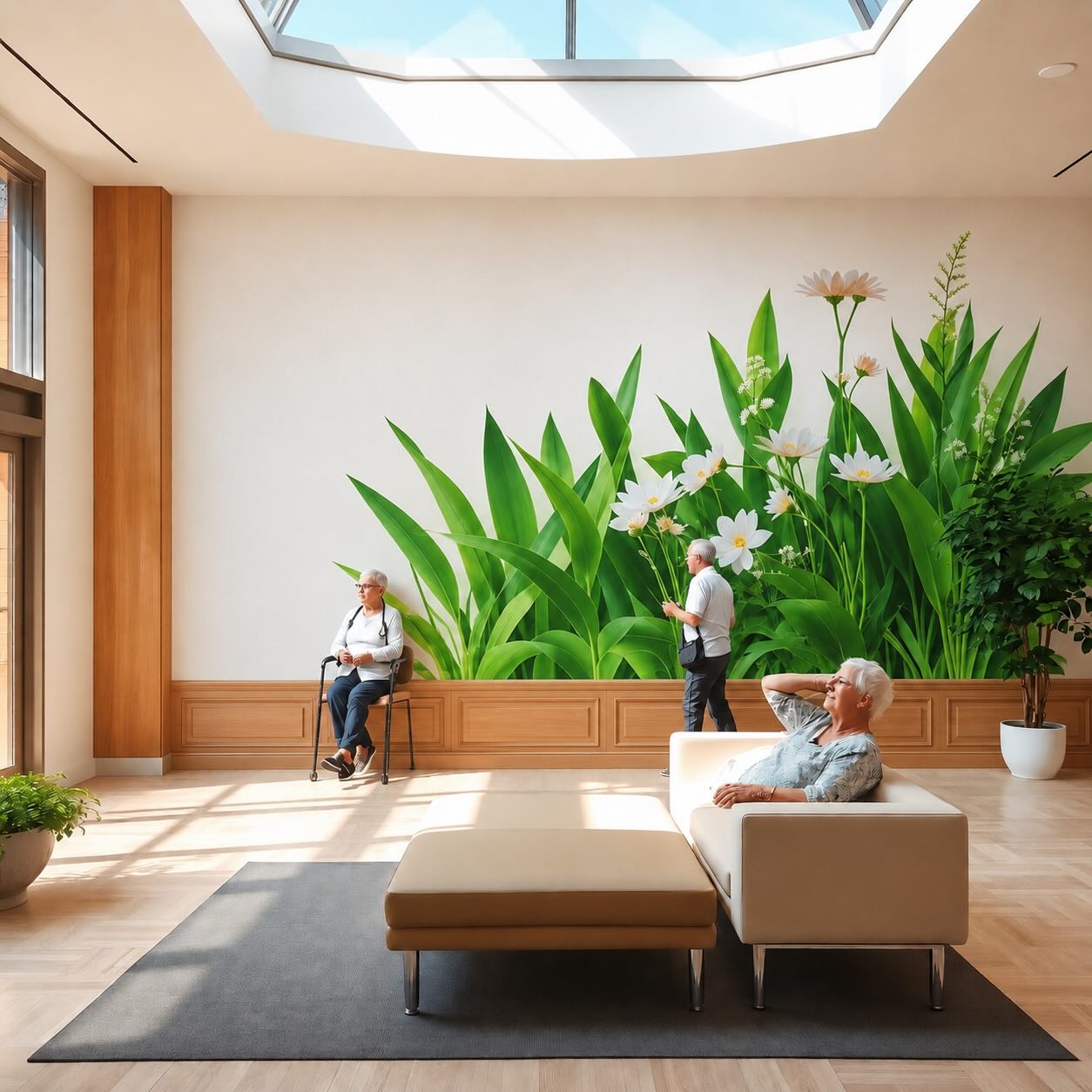 Exemple de décor mural végétal dans un établissement de santé
